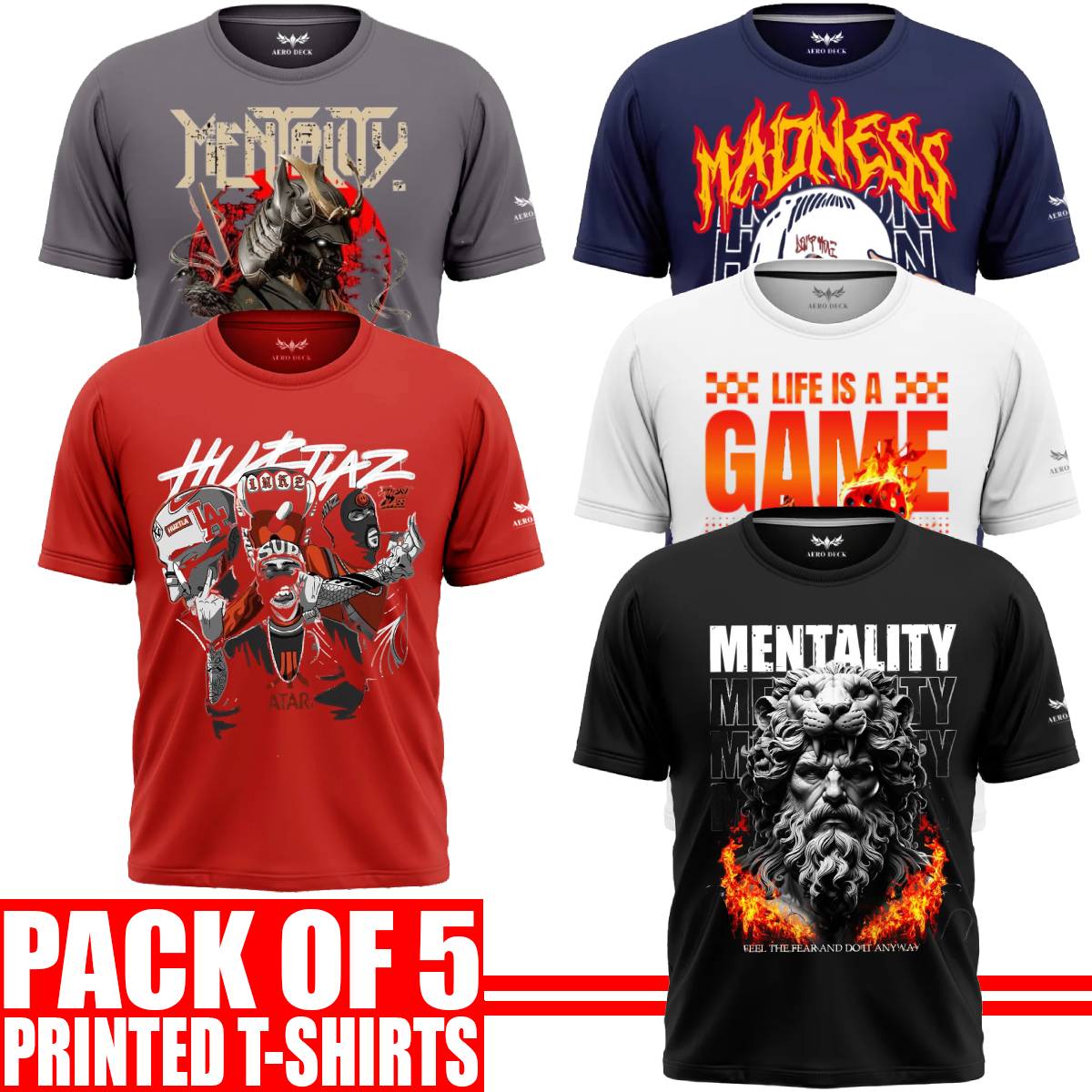 Pack of 5 Aero Deck {Cotton Jersey} {Black, Grey, Red, Blue & White Color} {Graphic} T-Shirt - {Code: AD - 186} AERODECK APPARELS