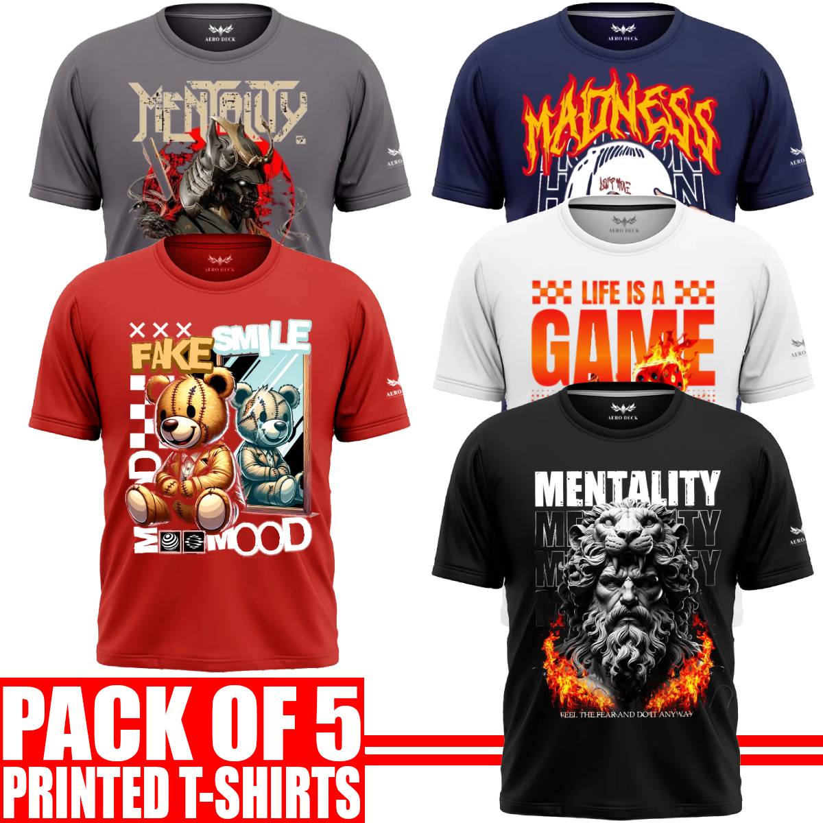 Pack of 5 Aero Deck {Cotton Jersey} {Black, Grey, Red, Blue & White Color} {Graphic} T-Shirt - {Code: AD - 186} AERODECK APPARELS