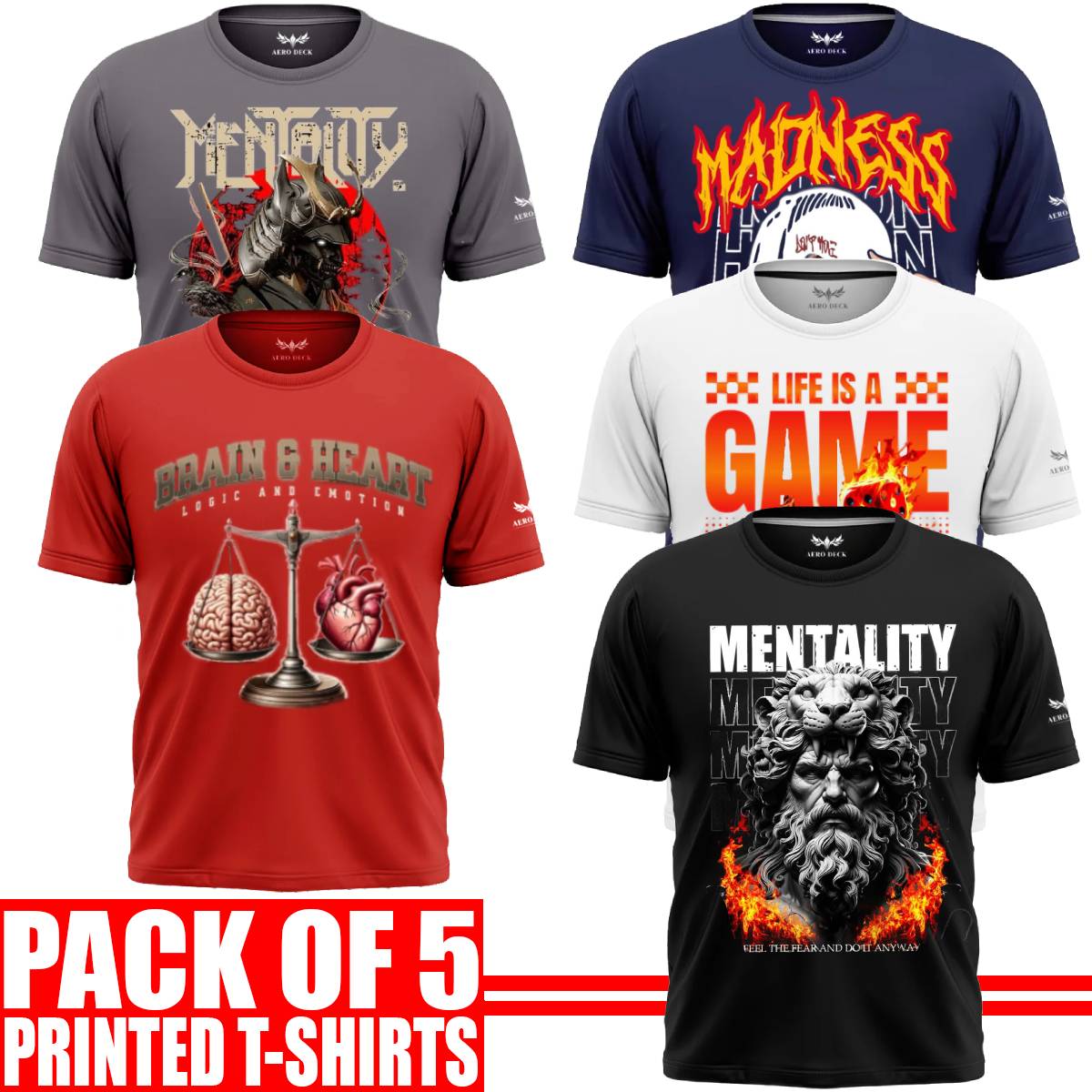 Pack of 5 Aero Deck {Cotton Jersey} {Black, Grey, Red, Blue & White Color} {Graphic} T-Shirt - {Code: AD - 188} AERODECK APPARELS