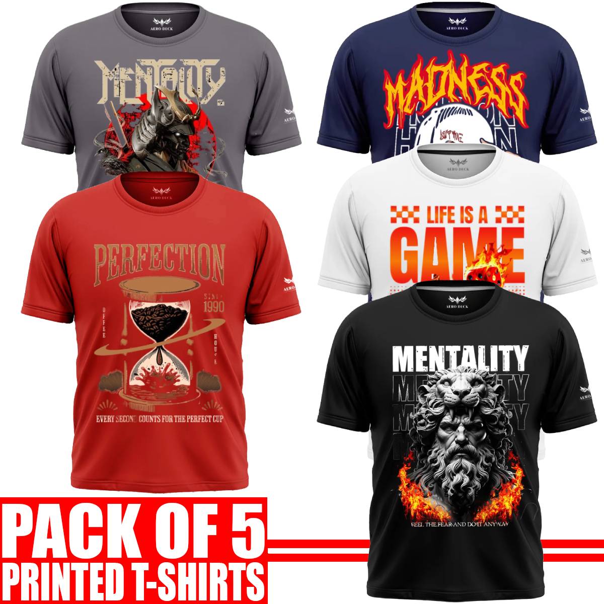 Pack of 5 Aero Deck {Cotton Jersey} {Black, Grey, Red, Blue & White Color} {Graphic} T-Shirt - {Code: AD - 188} AERODECK APPARELS
