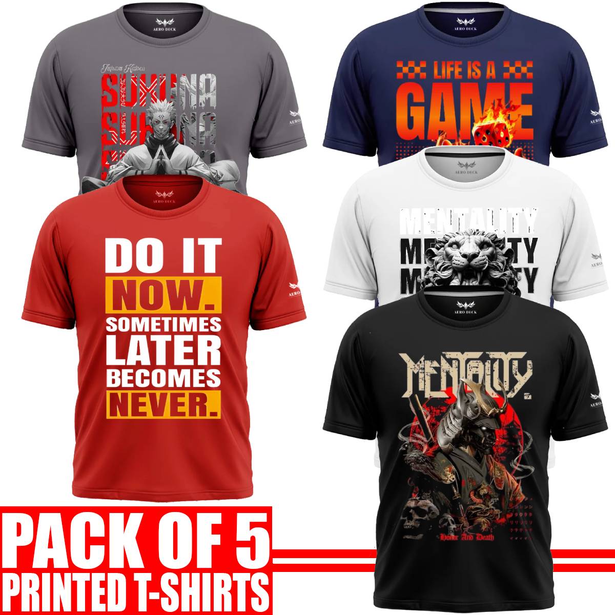 Pack of 5 Aero Deck {Cotton Jersey} {Black, Grey, Red, Blue & White Color} {Graphic} T-Shirt - {Code: AD - 189} AERODECK APPARELS