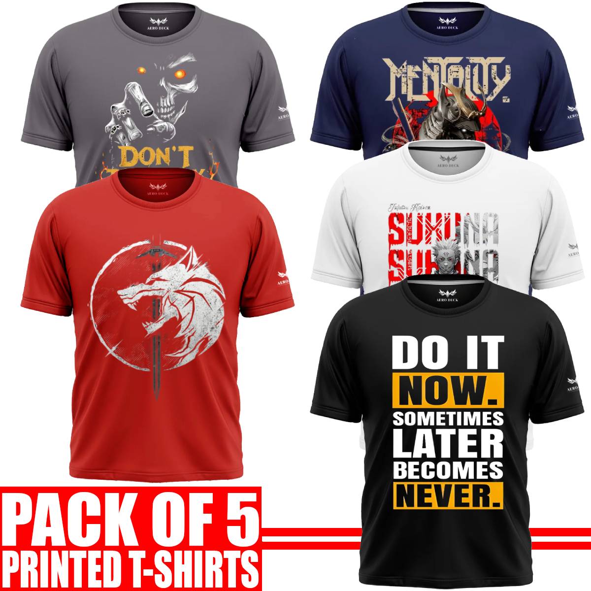 Pack of 5 Aero Deck {Cotton Jersey} {Black, Grey, Red, Blue & White Color} {Graphic} T-Shirt - {Code: AD - 109} AERODECK APPARELS