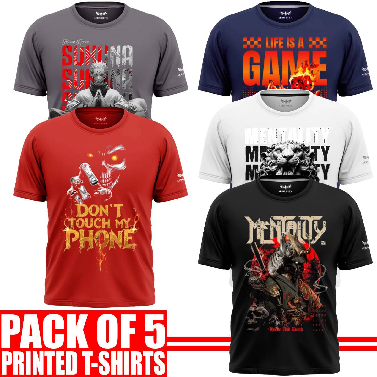 Pack of 5 Aero Deck {Cotton Jersey} {Black, Grey, Red, Blue & White Color} {Graphic} T-Shirt - {Code: AD - 191} AERODECK APPARELS