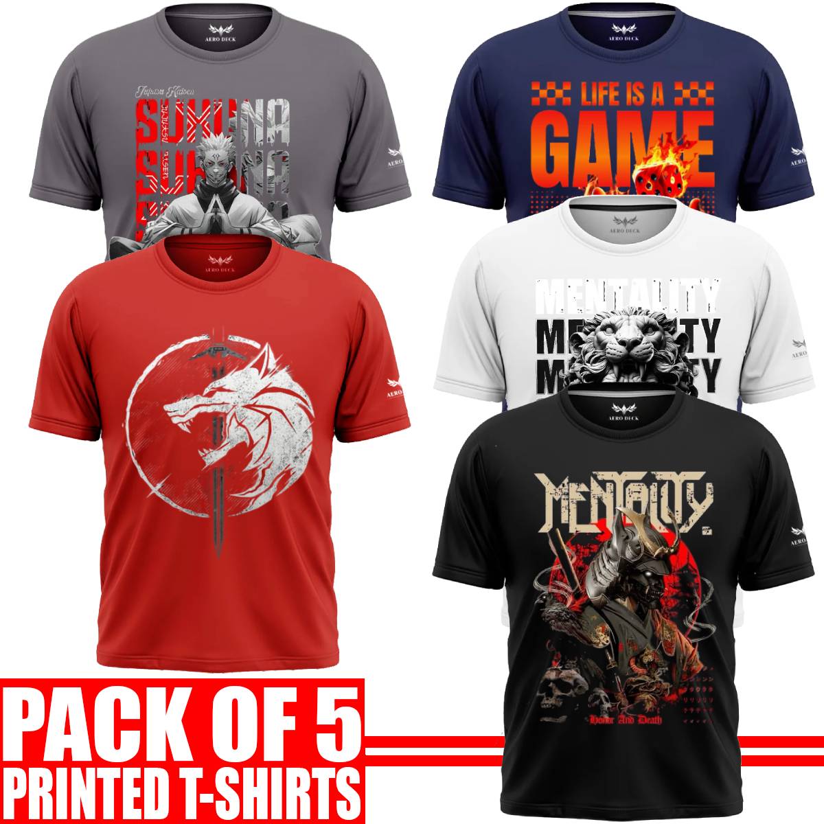 Pack of 5 Aero Deck {Cotton Jersey} {Black, Grey, Red, Blue & White Color} {Graphic} T-Shirt - {Code: AD - 191} AERODECK APPARELS