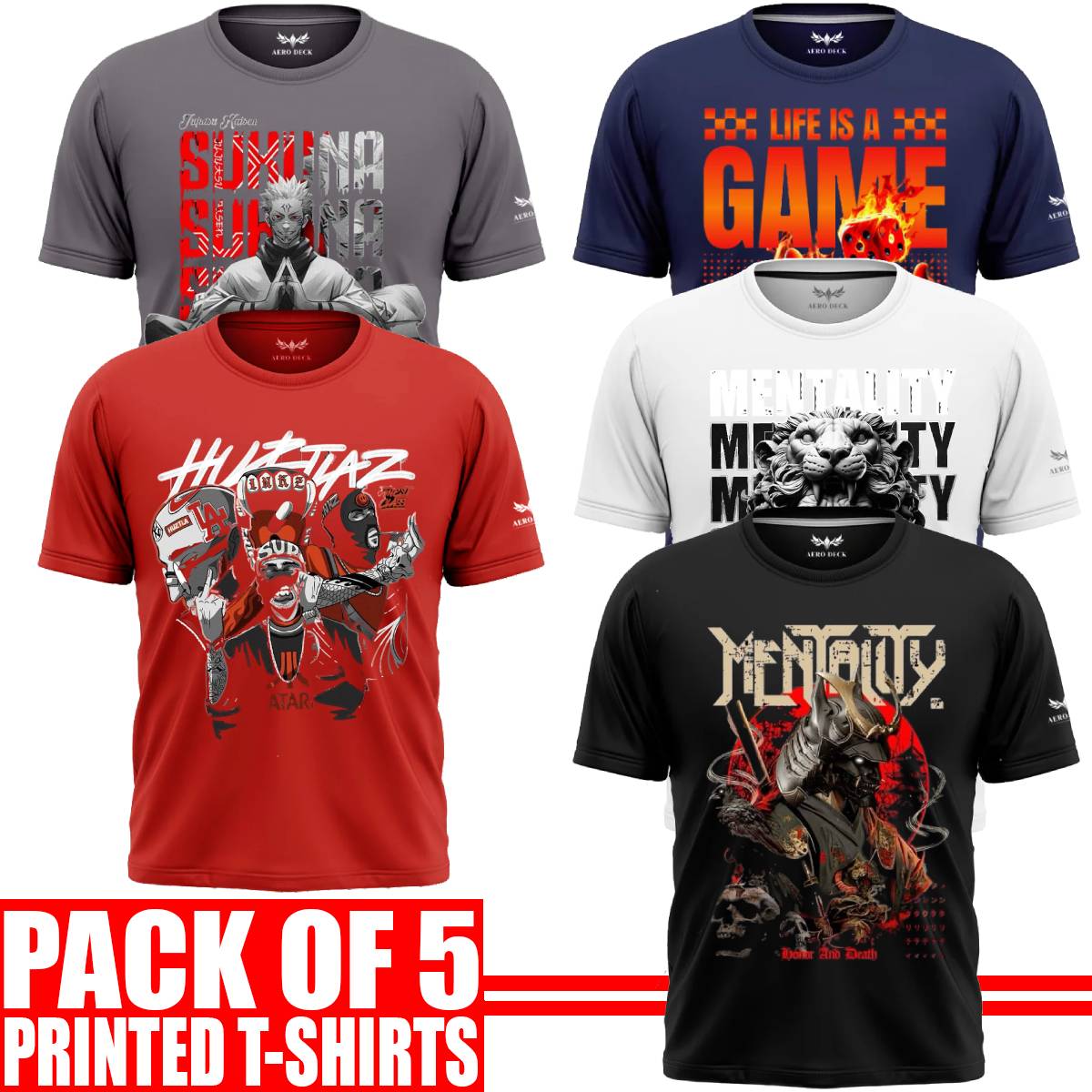 Pack of 5 Aero Deck {Cotton Jersey} {Black, Grey, Red, Blue & White Color} {Graphic} T-Shirt - {Code: AD - 193} AERODECK APPARELS