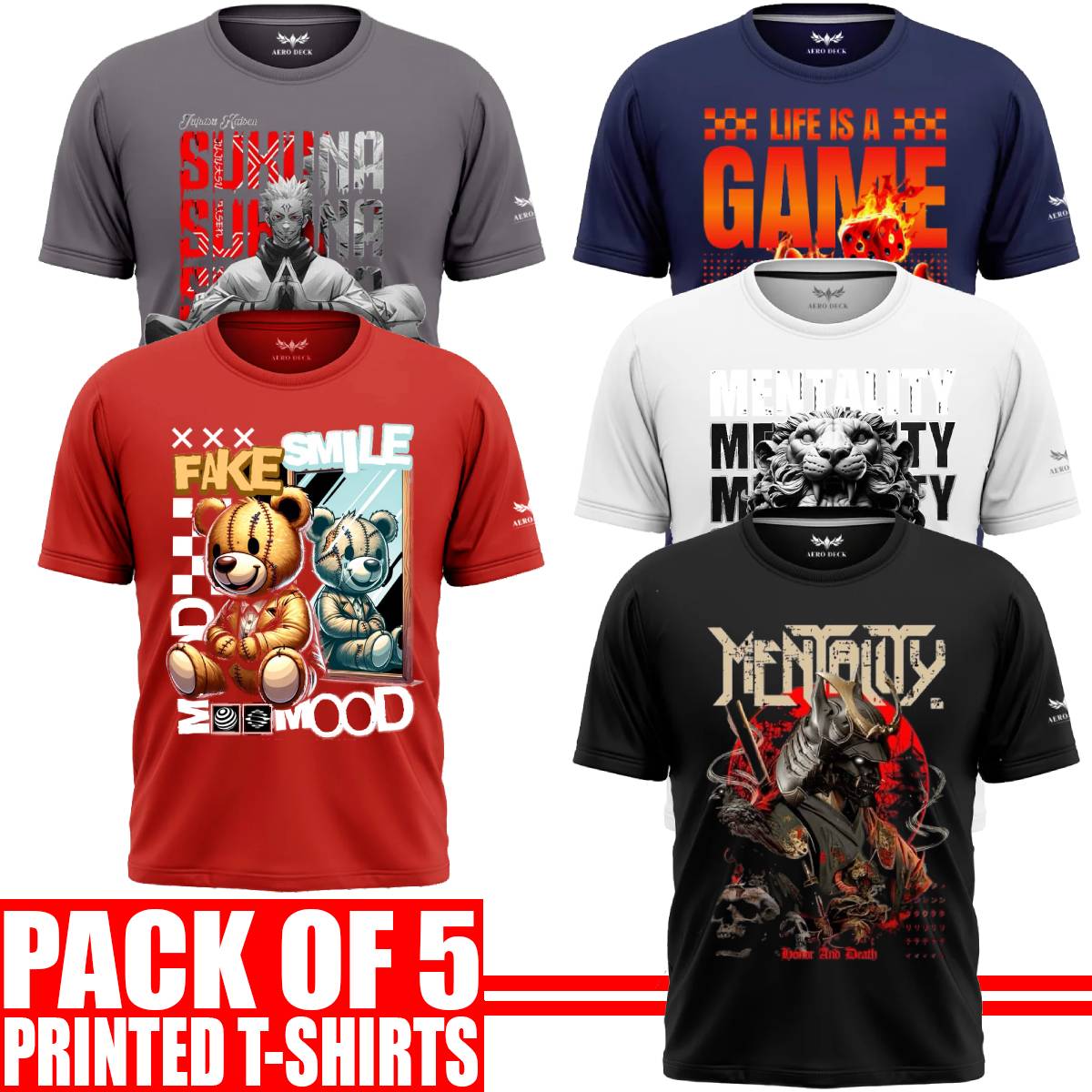 Pack of 5 Aero Deck {Cotton Jersey} {Black, Grey, Red, Blue & White Color} {Graphic} T-Shirt - {Code: AD - 193} AERODECK APPARELS