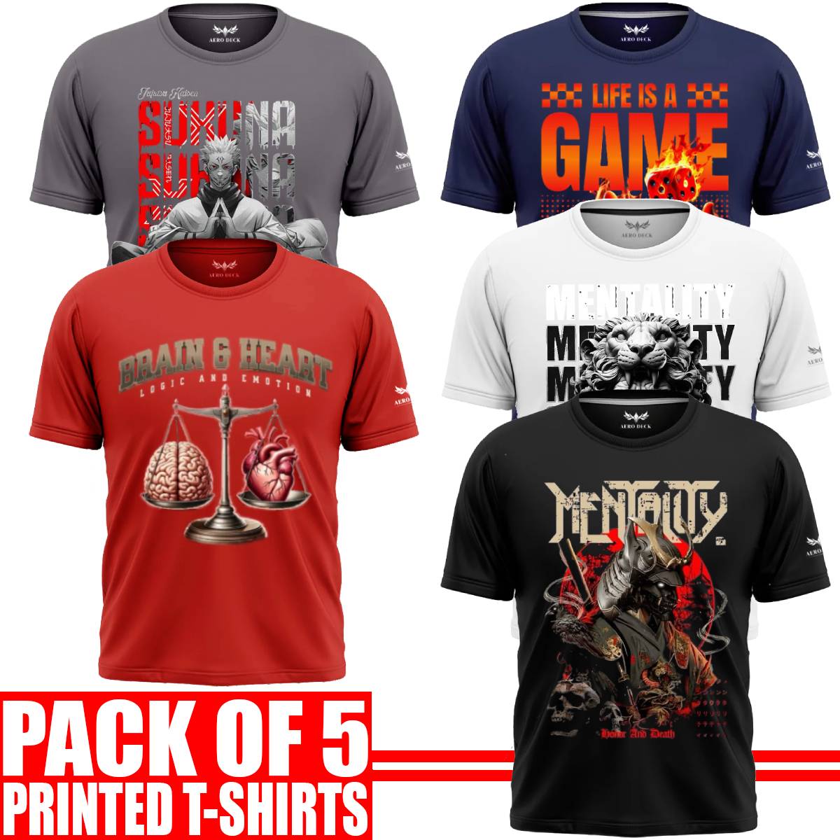 Pack of 5 Aero Deck {Cotton Jersey} {Black, Grey, Red, Blue & White Color} {Graphic} T-Shirt - {Code: AD - 194} AERODECK APPARELS