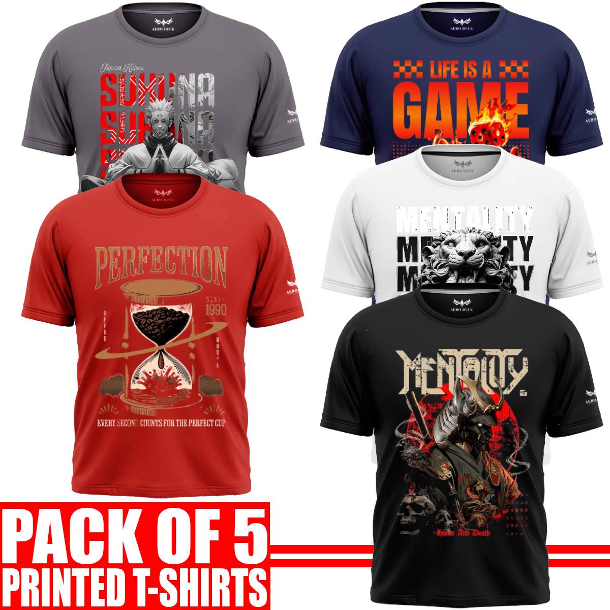 Pack of 5 Aero Deck {Cotton Jersey} {Black, Grey, Red, Blue & White Color} {Graphic} T-Shirt - {Code: AD - 196} AERODECK APPARELS