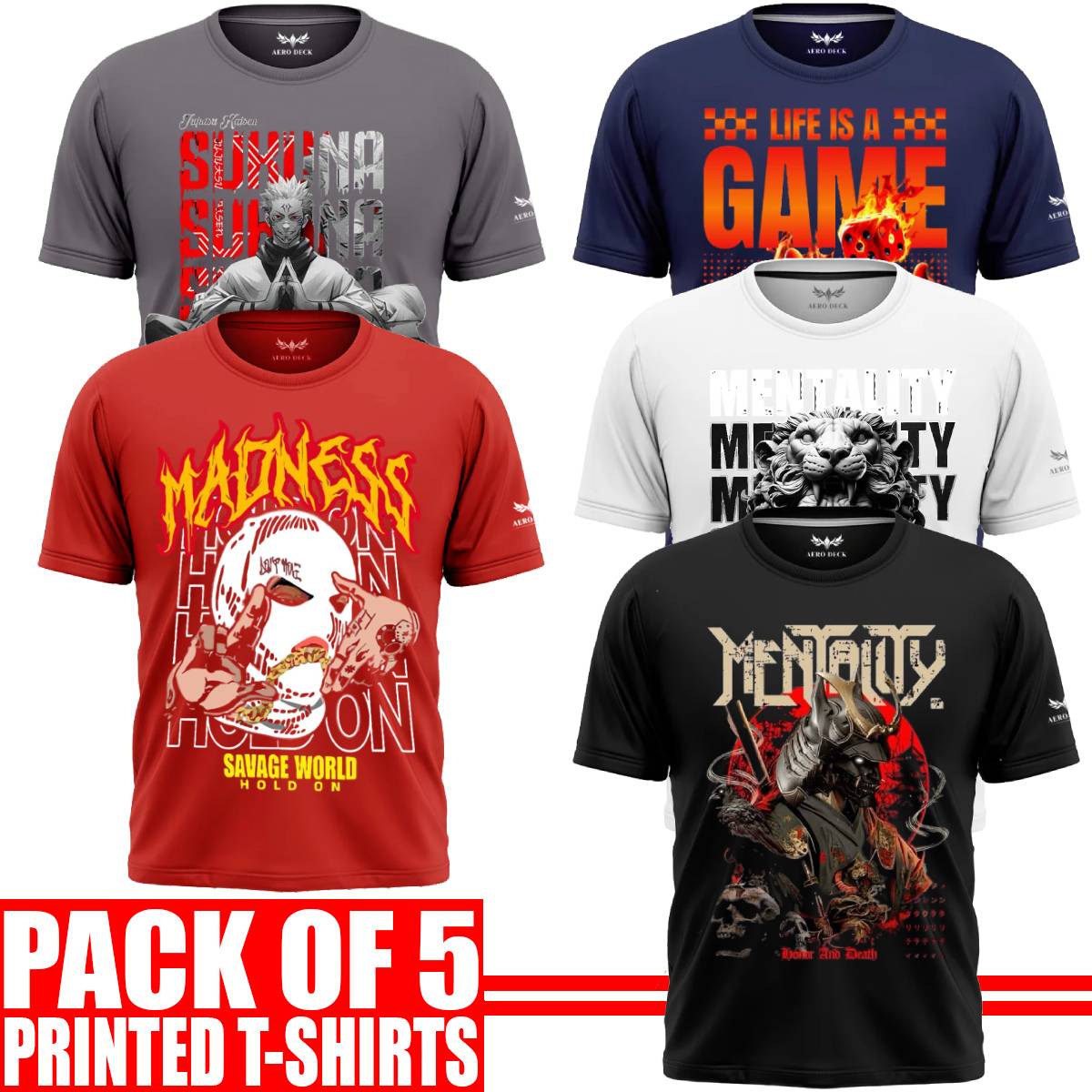 Pack of 5 Aero Deck {Cotton Jersey} {Black, Grey, Red, Blue & White Color} {Graphic} T-Shirt - {Code: AD - 196} AERODECK APPARELS
