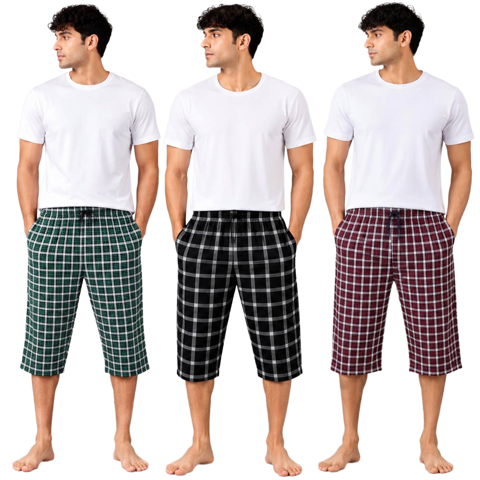 Aerodeck Men's Premium Checkered Cotton 3-Quarter Lounge Shorts – Pack of 3 AERODECK APPARELS