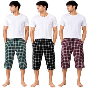 Aerodeck Men's Premium Checkered Cotton 3-Quarter Lounge Shorts – Pack of 3 AERODECK APPARELS