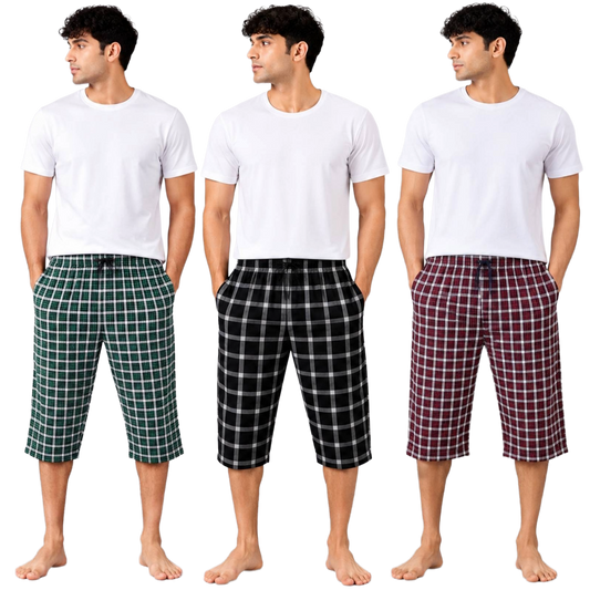 Aerodeck Men's Premium Checkered Cotton 3-Quarter Lounge Shorts – Pack of 3 AERODECK APPARELS