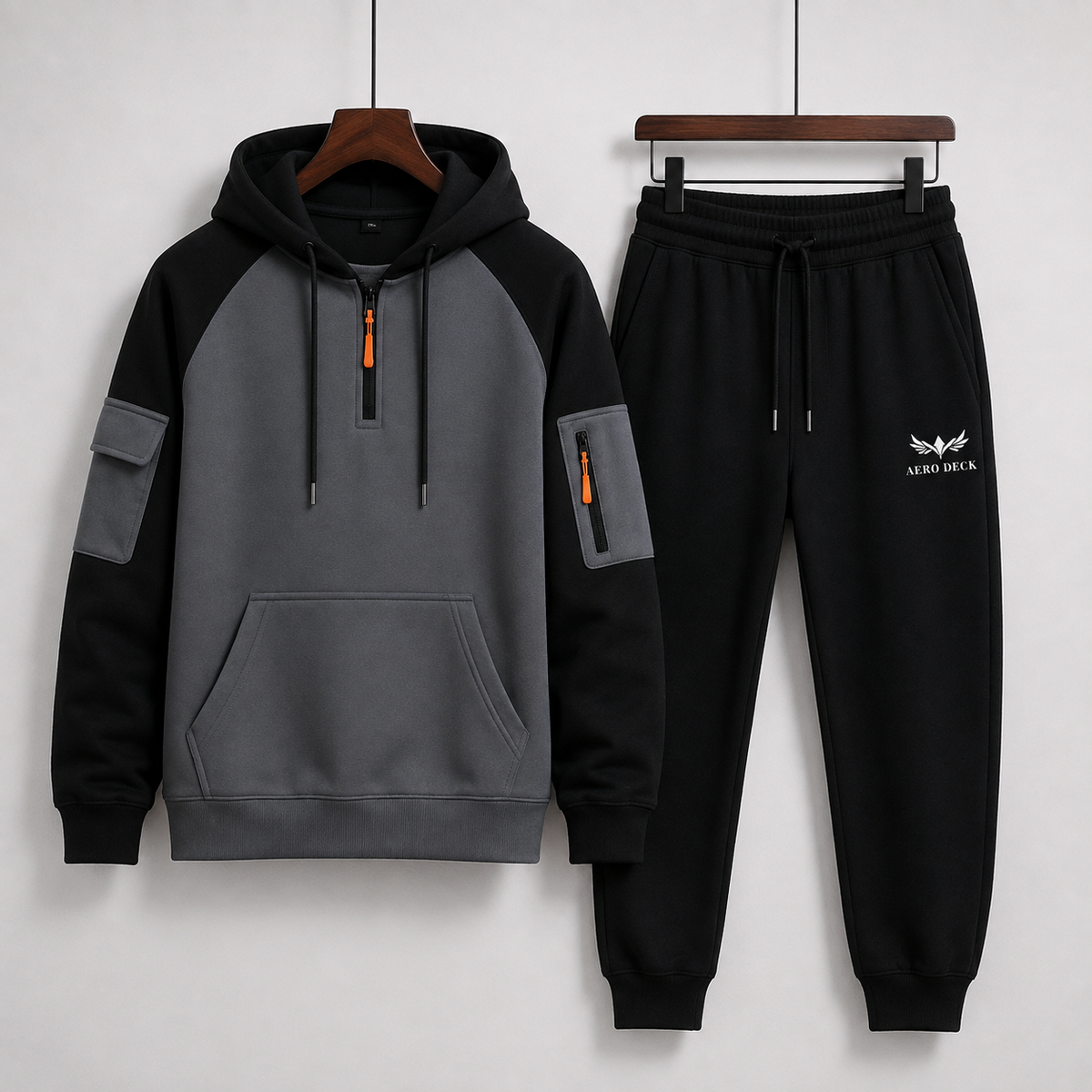 Aero Deck men's grey and black utility hoodie with black trousers tracksuit set