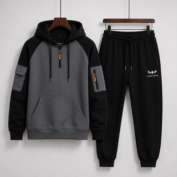 Aero Deck men's grey and black utility hoodie with black trousers tracksuit set