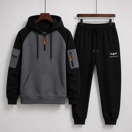 Aero Deck men's grey and black utility hoodie with black trousers tracksuit set