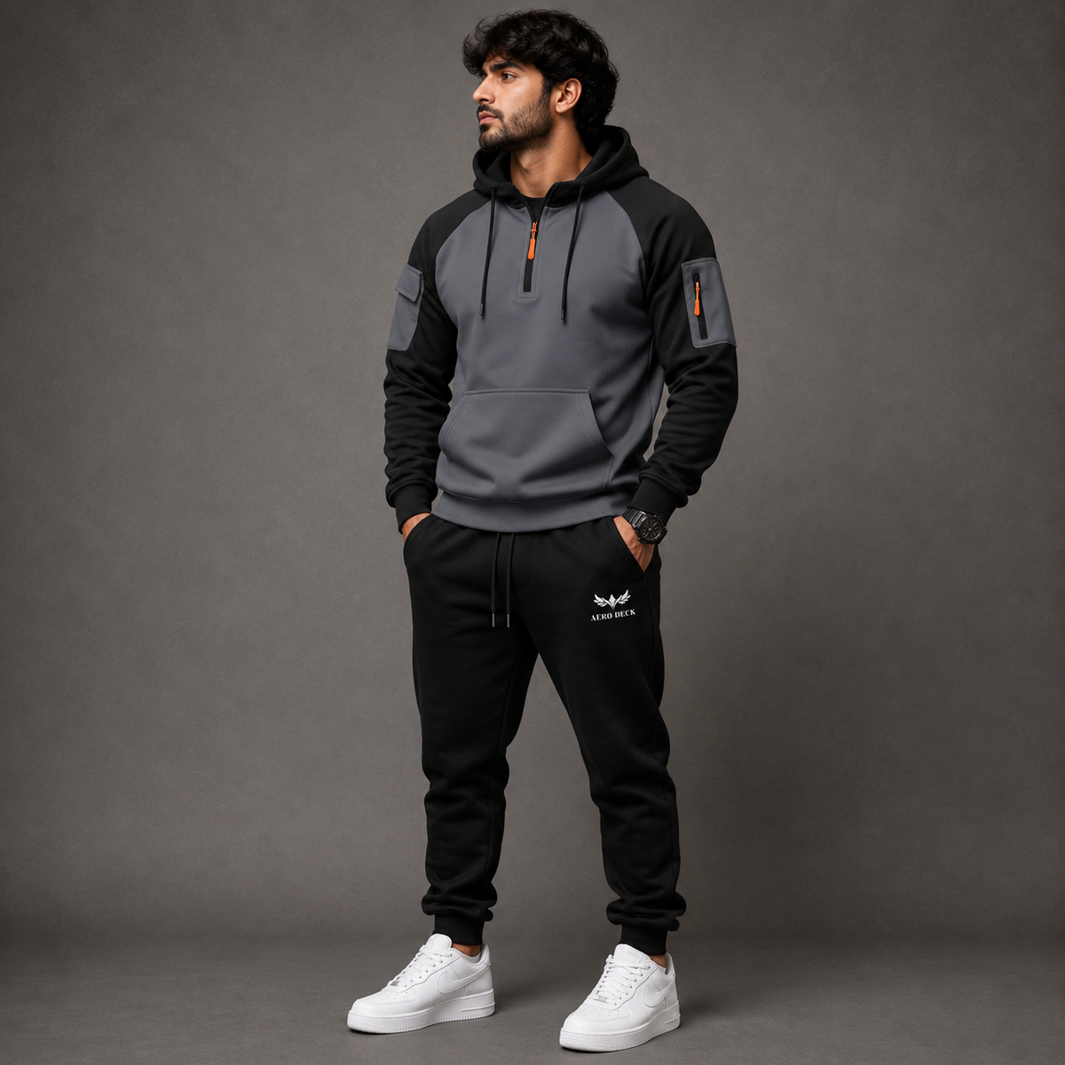 Aero Deck men's grey and black utility hoodie tracksuit set worn by a model