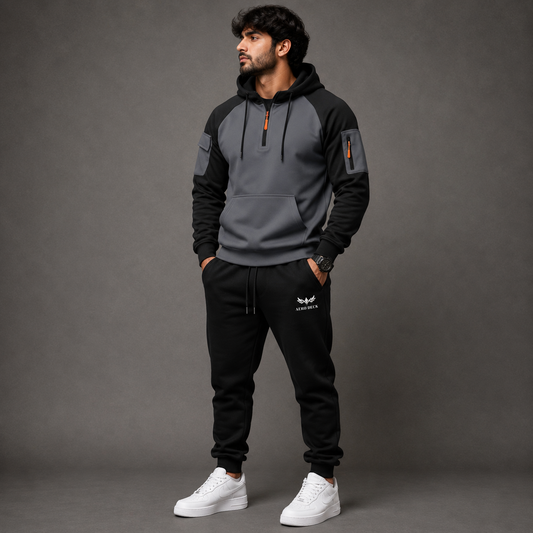 Aero Deck men's grey and black utility hoodie tracksuit set worn by a model