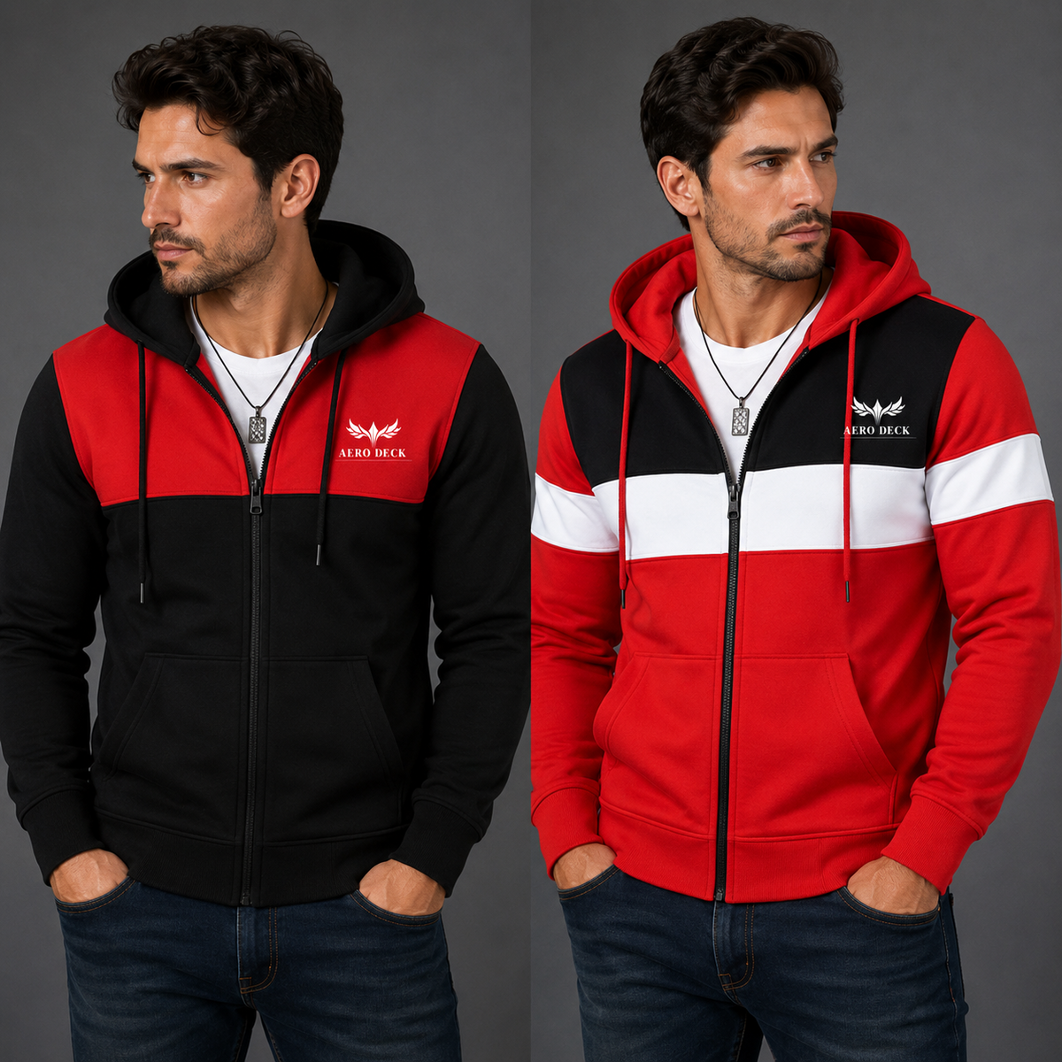 Aero Deck men's color block zip hoodie pack of 2 in black and red designs