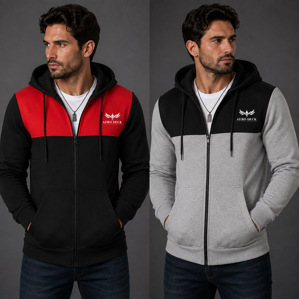 Aero Deck men's color block zip hoodie pack of 2 in red and black and grey and black
