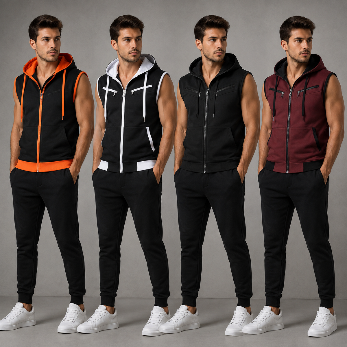 Aero Deck Apparels men's sleeveless zip hoodie pack of 4 in black, orange, white and burgundy