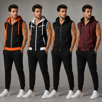 Aero Deck Apparels men's sleeveless zip hoodie pack of 4 in black, orange, white and burgundy