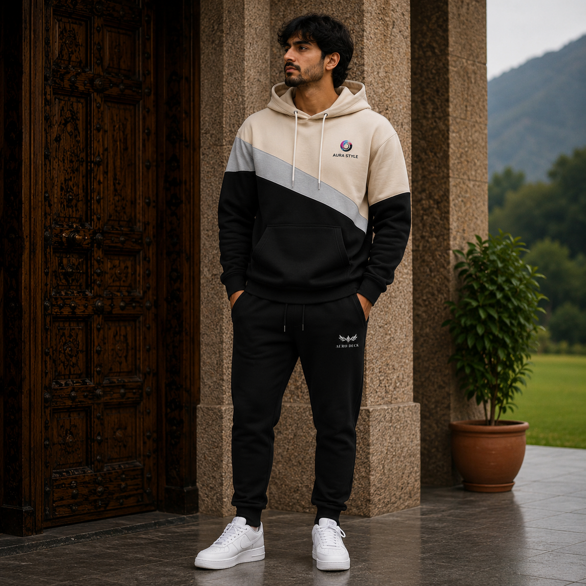 AERODECK APPARELS beige grey and black colorblock hoodie with black trousers tracksuit set