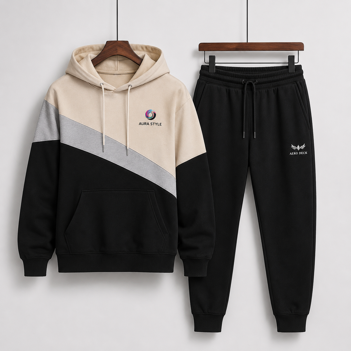 AERODECK APPARELS beige grey and black colorblock hoodie and black trousers tracksuit set worn by a model