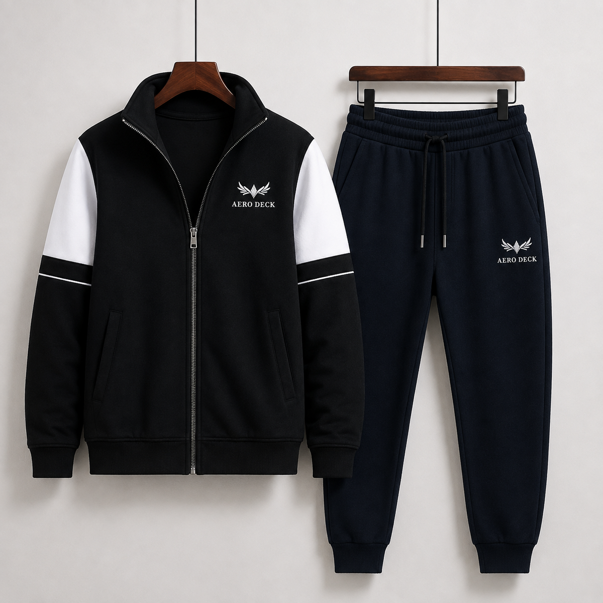 AERODECK APPARELS men's black zip-up tracksuit jacket with white sleeve panels and matching dark trousers