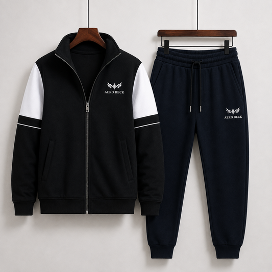AERODECK APPARELS men's black zip-up tracksuit jacket with white sleeve panels and matching dark trousers