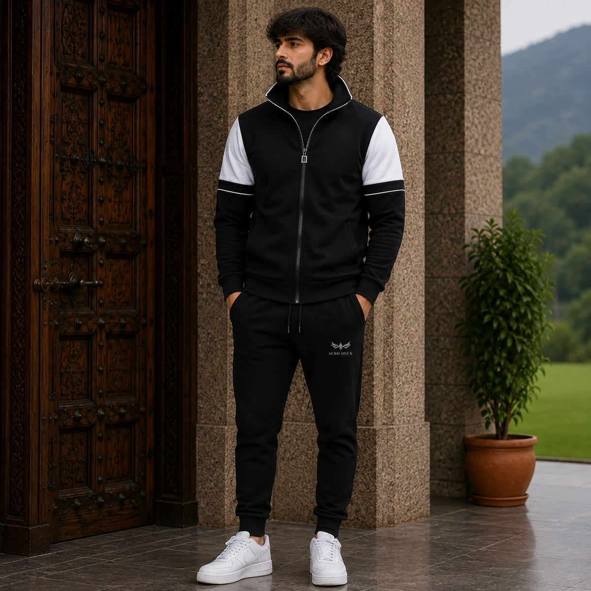 AERODECK APPARELS men's black and white zip-up tracksuit with matching black trousers