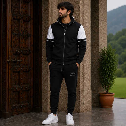 AERODECK APPARELS men's black and white zip-up tracksuit with matching black trousers