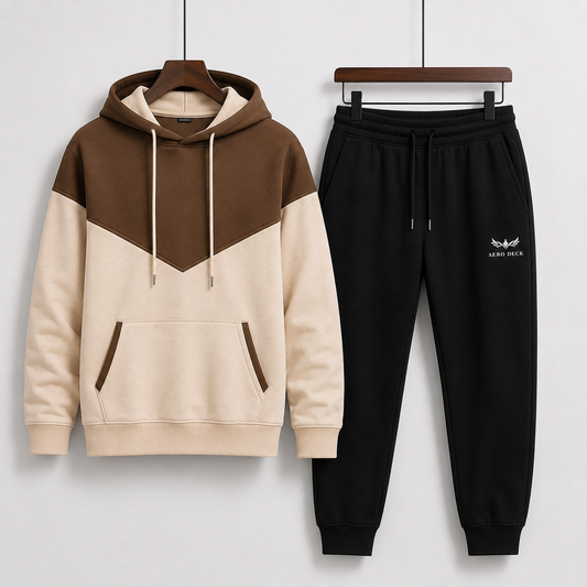 AERODECK APPARELS brown beige and black colorblock hoodie and black trousers tracksuit set worn by a model