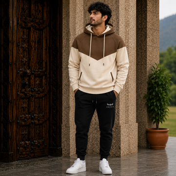 AERODECK APPARELS brown beige and black colorblock hoodie with black trousers tracksuit set