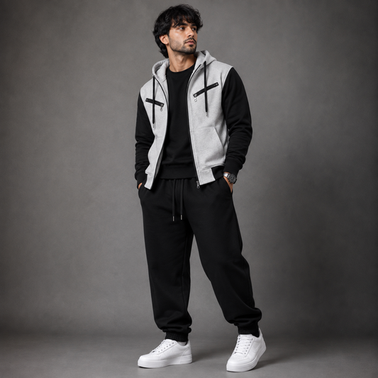 AERODECK APPARELS grey and black zip hoodie with black trousers tracksuit set