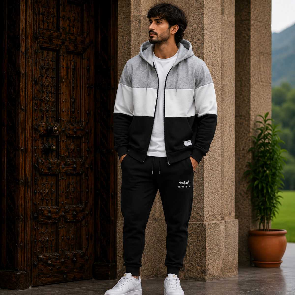 AERODECK APPARELS grey white and black colorblock zip hoodie and black trousers tracksuit set worn by a model