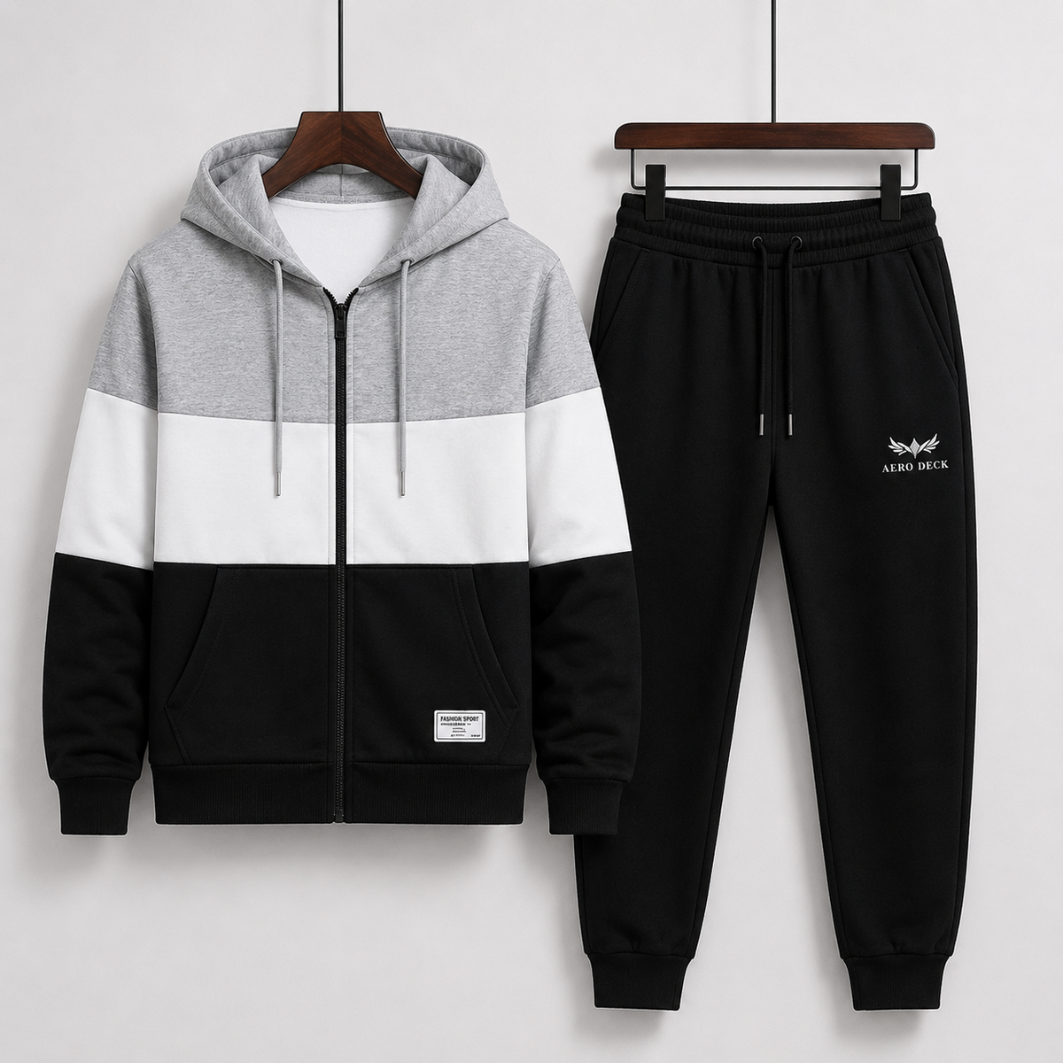 AERODECK APPARELS grey white and black colorblock zip hoodie with black trousers tracksuit set
