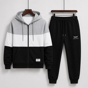 AERODECK APPARELS grey white and black colorblock zip hoodie with black trousers tracksuit set