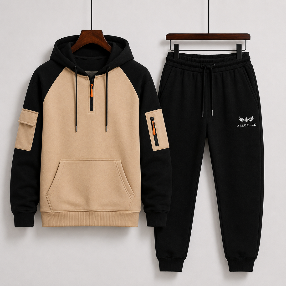 Aero Deck men's beige and black pullover hoodie with black trousers tracksuit set
