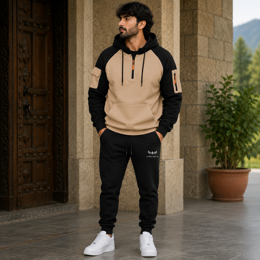 Aero Deck men's beige and black hooded tracksuit set worn by model