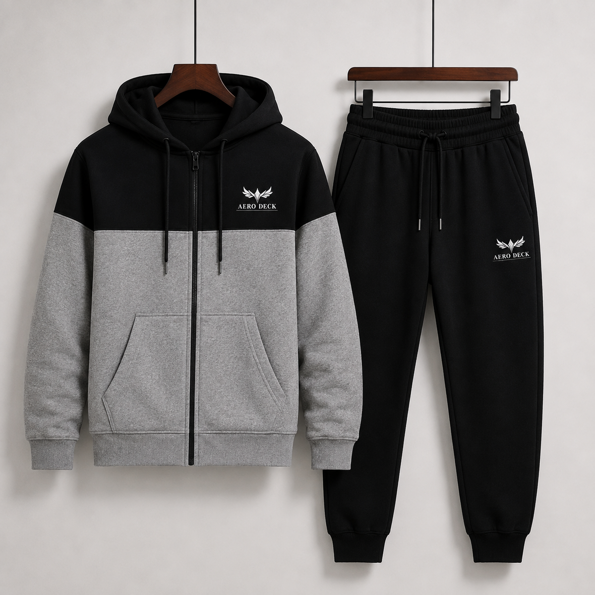 Aero Deck men's black and grey colorblock zip hoodie with black trousers tracksuit set