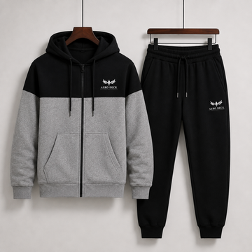 Aero Deck men's black and grey colorblock zip hoodie with black trousers tracksuit set