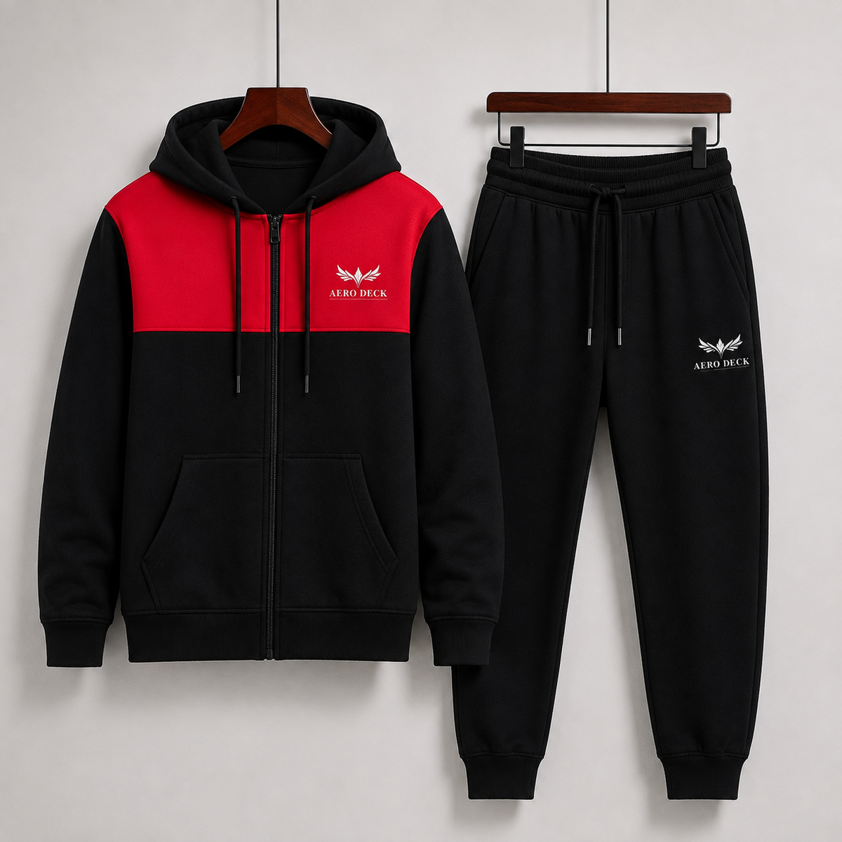 AERODECK APPARELS men's black and red full-zip hoodie with black trousers tracksuit set