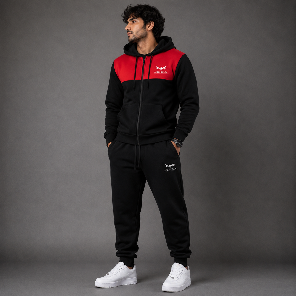 AERODECK APPARELS men's black and red hooded zip tracksuit set worn by model
