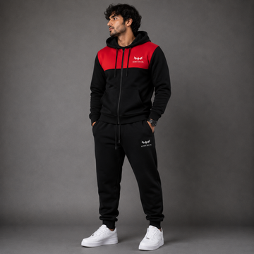 AERODECK APPARELS men's black and red hooded zip tracksuit set worn by model