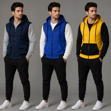 AERODECK APPARELS men's color block sleeveless hooded zip vest pack of 3 in navy blue, royal blue and yellow