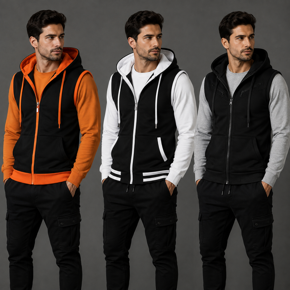 AERODECK APPARELS men's 3-piece sleeveless zip hoodie vest set in black and orange, black and white, and black and grey