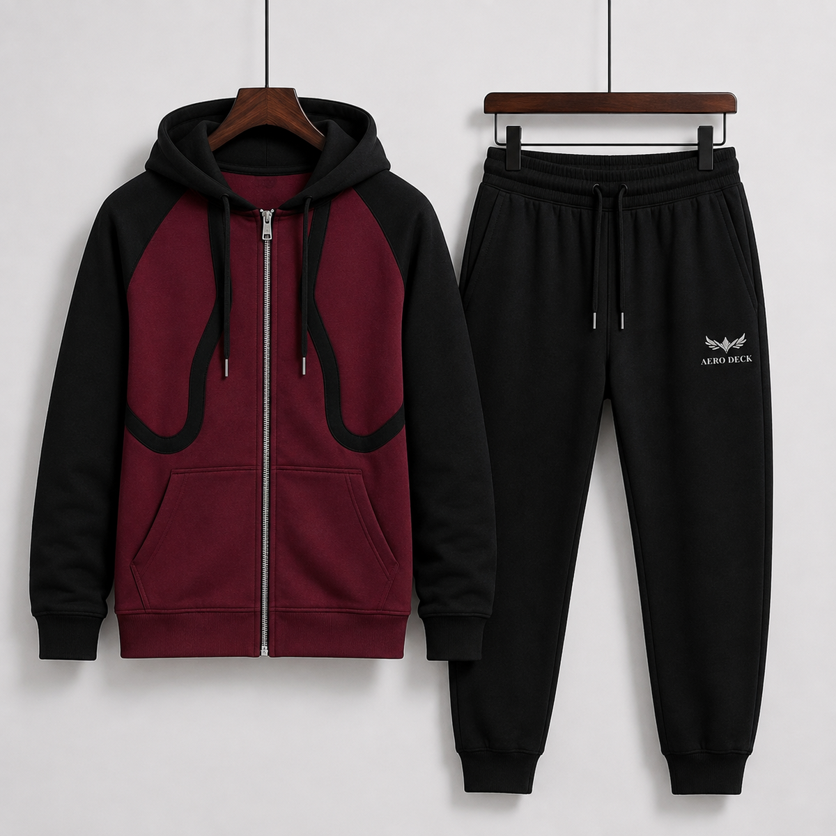 Aero Deck men's maroon and black colorblock zip hoodie with black trousers tracksuit set