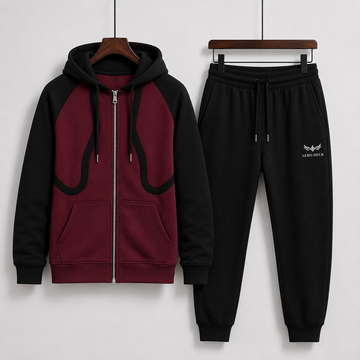 Aero Deck men's maroon and black colorblock zip hoodie with black trousers tracksuit set