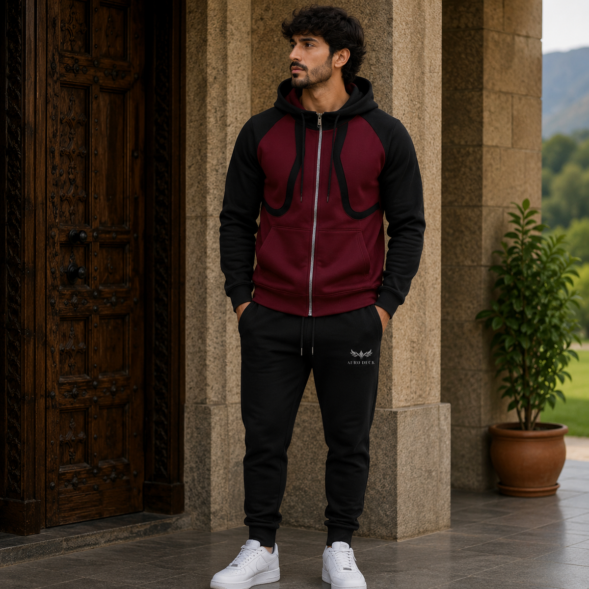 Aero Deck men's maroon and black colorblock zip hoodie tracksuit set worn by model