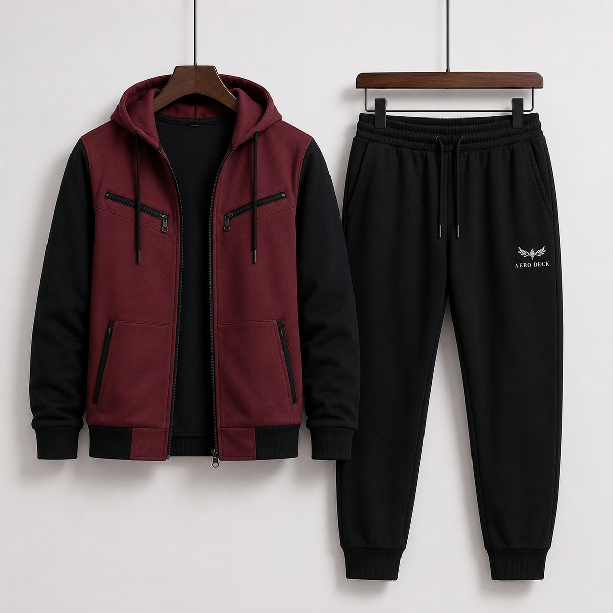 AERODECK APPARELS men's maroon and black hooded tracksuit set with zip hoodie and black trousers